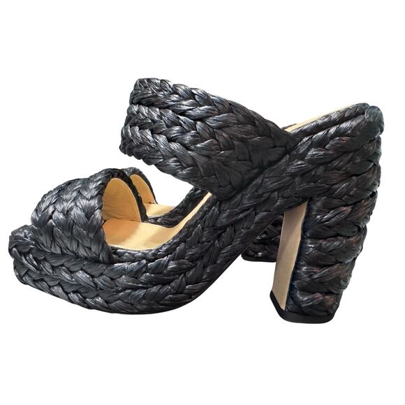 New Auth. Bottega Veneta Trinity Black Raffia Braided Platform Heel Sandals 38.5